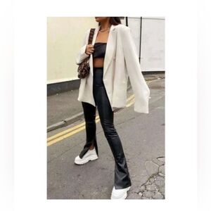 ZARA Faux Leather Slim Flare Leg Pants Split Hem Bootleg Slit  Black small NWT